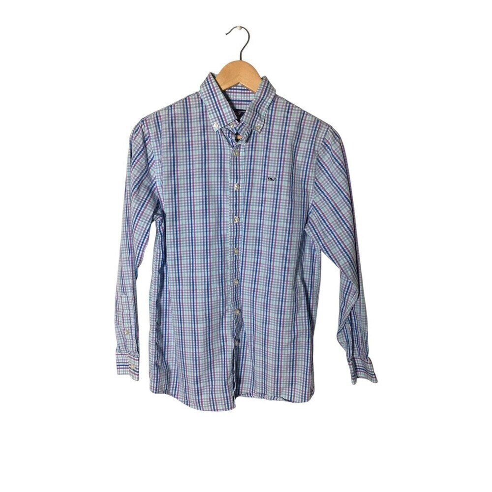 Vineyard Vines Shirt Boy's Size Large 16 Blue Plaid Whale Shirt 100% Cotton